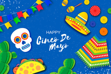 Cinco De Mayo Banner. Mexican skull and Tacos. Succlents and Maracas. Poncho and flags. Blue background. Space for text.