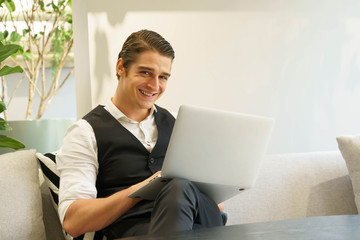 Business man working in a green office.Happy workplace in green office