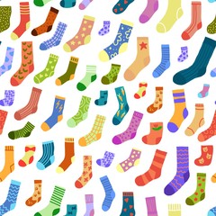 Seamless pattern with doodle socks with different texture and color. Winter trendy clothing items background