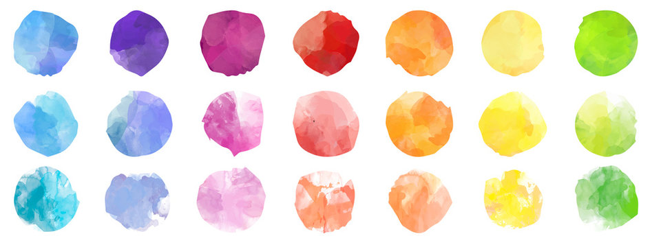 Set of colorful watercolor hand painted round shapes, stains, circles, blobs isolated on white