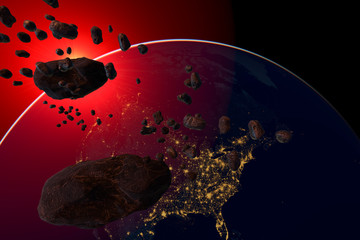 asteroid and swarm of meteorites flying towards Earth - artistic vision.3d illustration