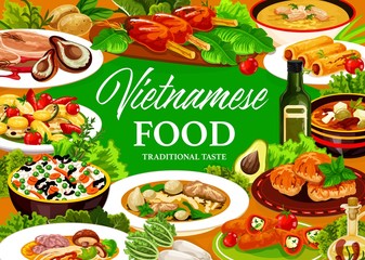 Vietnamese cuisine meals. Vector asian cuisine dishes food frame. Vegetable rice, baked fish and grilled meat, beef pho bo and mushroom noodle soups, sweet pancakes and peppers stuffed with cheese