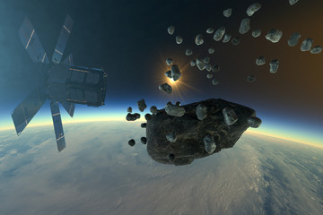 asteroid and a swarm of meteorites flying past the satellite - artistic vision.3d illustration