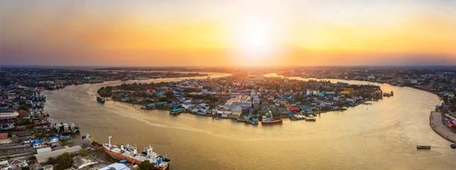 aerial view of Mahachai-Tha Chalom Town in Samuth sakorn outskirt Bangkok Thailand
