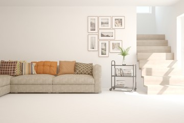 Modern living room in white color with sofa. Scandinavian interior design. 3D illustration