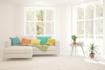 Modern living room in white color with sofa. Scandinavian interior design. 3D illustration