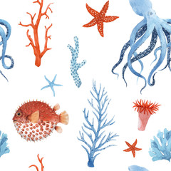 Beautiful seamless pattern with underwater watercolor sea life. Stock illustration.