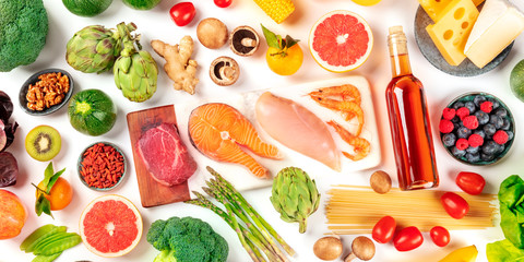 Food panorama, a flat lay of many different products, with meat, fish, chicken and shrimps,...