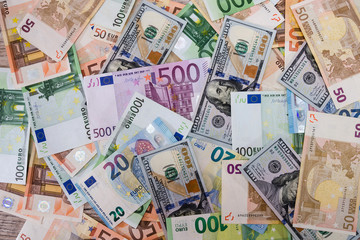 background with euro and dollars. Different world banknotes.