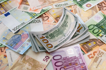 background with euro and dollars. Different world banknotes.