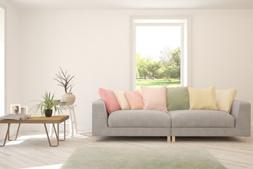 Modern living room in white color with sofa. Scandinavian interior design. 3D illustration
