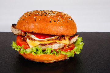 Tasty Burger on a plate in cafe.
