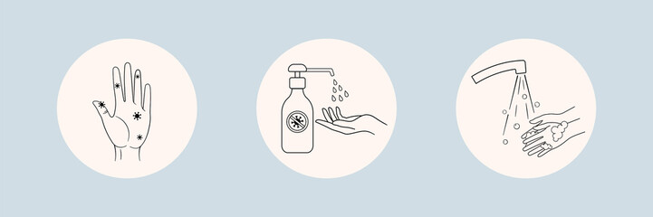 Coronavirus COVID-19 preventions tips, sanitizing with alcohol and washing hands. Corona virus vector isolated on white background