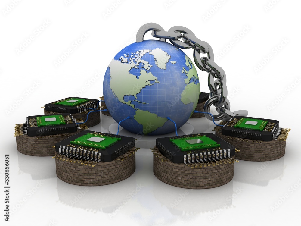 Poster 3d rendering microchip with globe connected chain