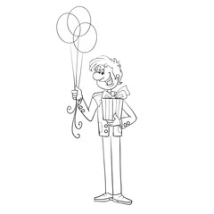 man stands with a gift in his hands and raised balls and waits, drawing in outline, isolated object on a white background, vector illustration, eps