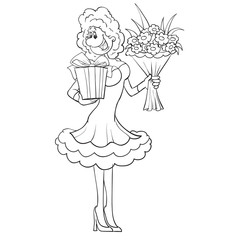 woman in a beautiful dress stands and holds in her hands a wrapped gift and a bouquet of flowers, cartoon, outline drawing, isolated object on a white background, vector illustration, eps