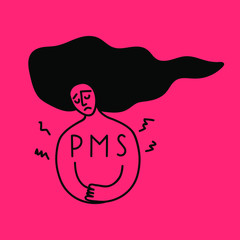Girl have painful premenstrual period. Vector outline illustration on red background.