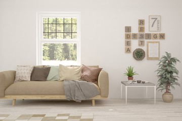 Minimalist living room in white color with sofa and summer landscape in window. Scandinavian interior design. 3D illustration