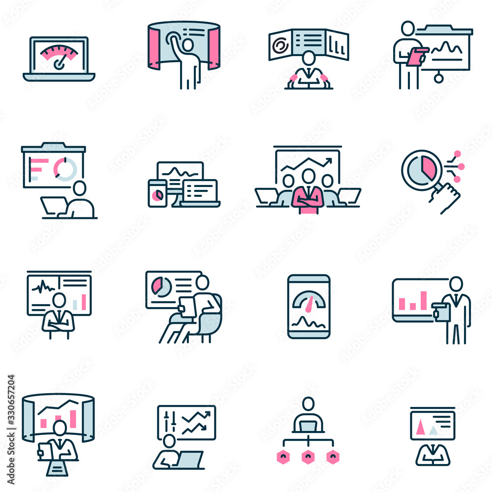 Poster vector set of linear flat icons related to gathering, analytics information, development statistic, 