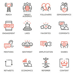 Vector set of linear icons related to influence marketing and social media promotion services. Mono line pictograms and infographics design elements - part 5