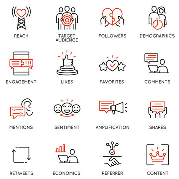 Vector set of linear icons related to influence marketing and social media promotion services. Mono line pictograms and infographics design elements - part 5