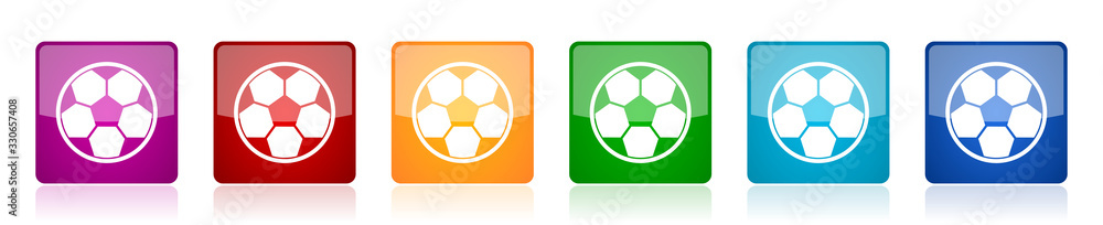 Poster soccer icon set, colorful square glossy vector illustrations in 6 options for web design and mobile 