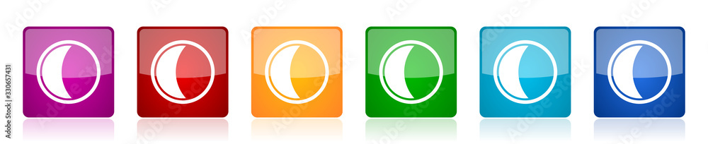 Poster moon icon set, colorful square glossy vector illustrations in 6 options for web design and mobile ap