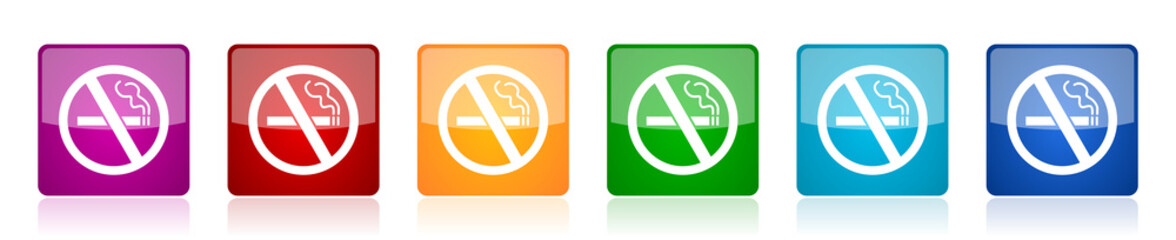 No smoking icon set, colorful square glossy vector illustrations in 6 options for web design and mobile applications