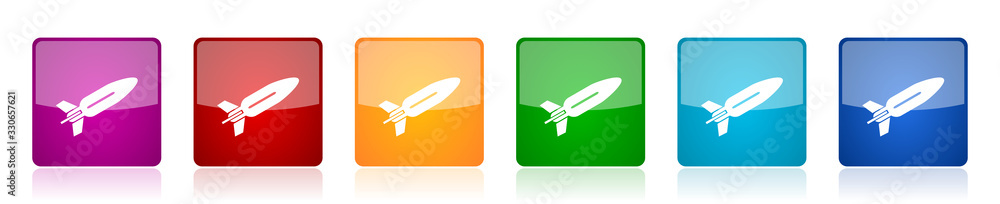 Poster missile icon set, rocket, weapon, war colorful square glossy vector illustrations in 6 options for w