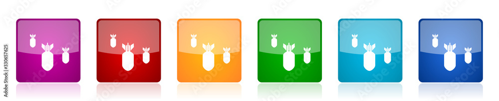 Aufkleber bomb icon set, war, military, weapon colorful square glossy vector illustrations in 6 options for we