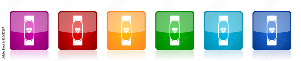 Poster smart band icon set, smartwatch, fitness colorful square glossy vector illustrations in 6 options fo