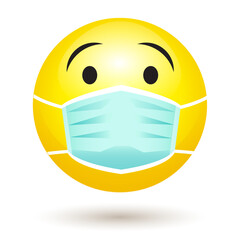 Smile emoji wearing a protective surgical mask. Icon for coronavirus outbreak. Infected patient wears medical face mask to prevent spread of illness. Vector Illustration.
