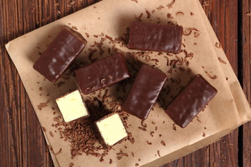 Soft chocolate covered candy filled with soft lemon meringue