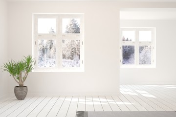 Mock up of empty living  room in white color with winter landscape in window. Scandinavian interior design. 3D illustration