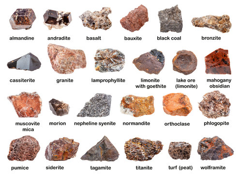set of various brown unpolished rocks with names