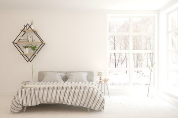 Stylish bedroom in white color with winter landscape in window. Scandinavian interior design. 3D illustration