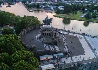Sunset in Koblenz City Germany historic monument German Corner where the rivers rhine and mosele...