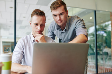 Fototapeta premium Young entrepreneur helping colleague with finishing project for report, he is pointing at laptop screen and giving advice