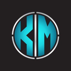 KM Logo initial with circle line cut design template on blue colors