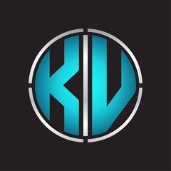 KV Logo initial with circle line cut design template on blue colors