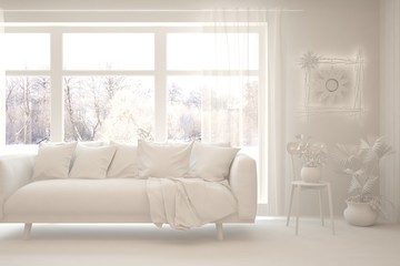 Mock up of stylish room in white color with sofa and winter landscape in window. Scandinavian interior design. 3D illustration
