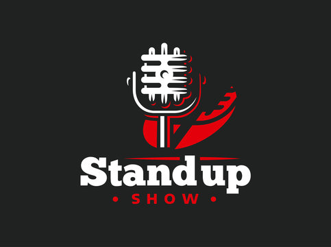 Stand up comedy event Emblem design. Retro style vector illustration microphone and text.