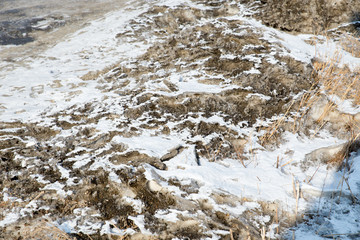 Melted mud on the side of the road. Dirty snow spring background. Old and dirty snow texture....