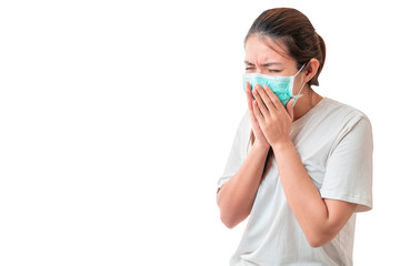 Asian woman coughing and wear medical protective face mask for protect infection the virus isolate on white background, with clipping path, Global healthcare and infection concept.