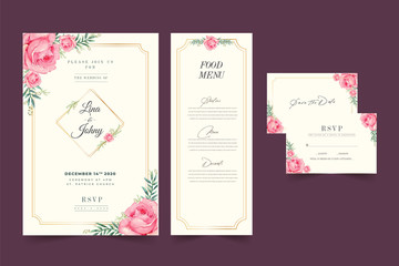 Wedding invitation and menu template with beautiful leaves Free Vector