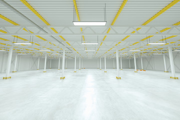 3D render Industrial empty warehouse factory light room. automobile warehouse, logistics, production, factory. Copy space