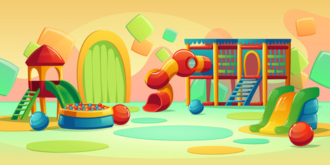 Kids playground in play park with spiral tube slide, houses and ball pool. Vector cartoon empty interior of amusement center, daycare or kindergarten for kids