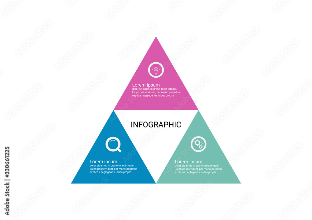 Poster infographic design triangles joined together to create a pyramid 3 point banner.