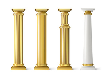 Antique gold pillars set. Ancient columns with golden decorative texture isolated on white background. Roman or greece facade decoration, luxury architecture elements, Realistic 3d vector illustration