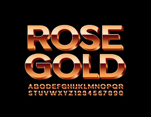 Vector Rose Gold Alphabet Letters and Numbers. Shiny luxury Font